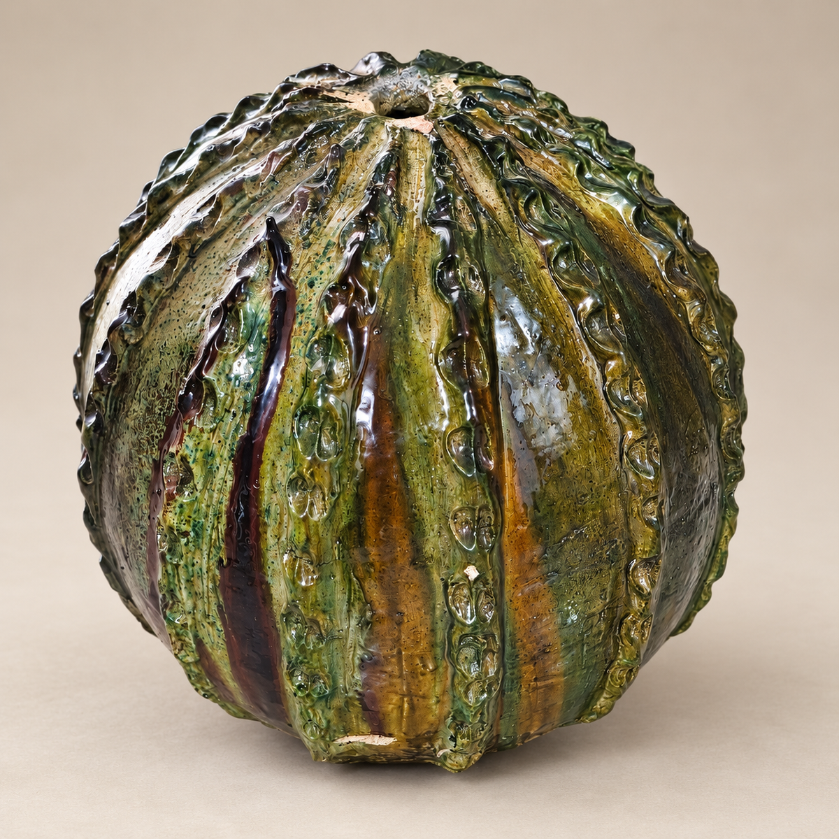 Green Tamegroute Pumpkin Sculpture ā Handmade Moroccan Ceramic Art, 40-35 cm