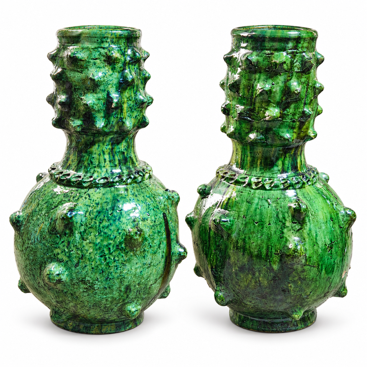 Vintage Tamegroute green ceramic vase with sculptural raised details