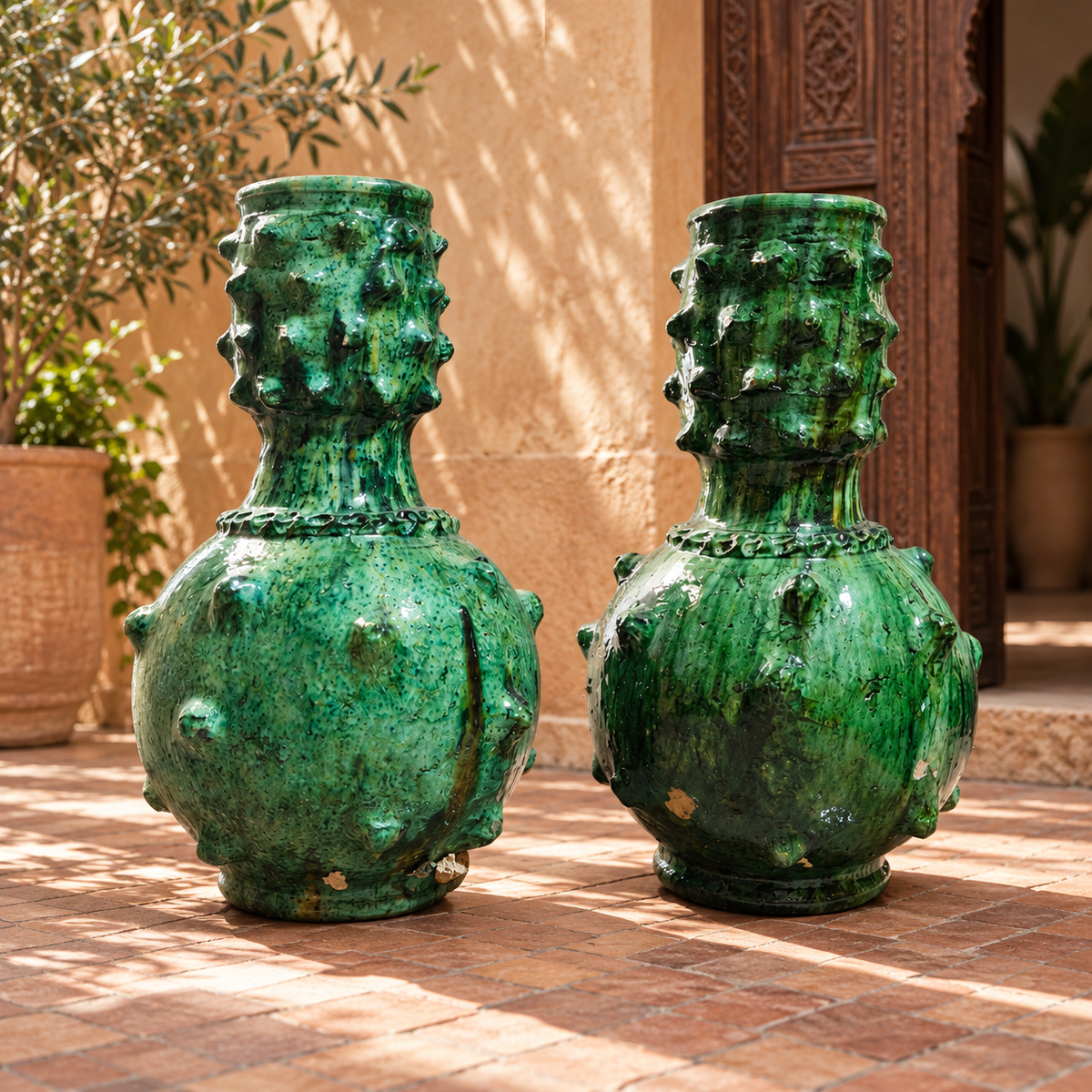 Close-up of traditional green glaze and raised details on Moroccan pottery