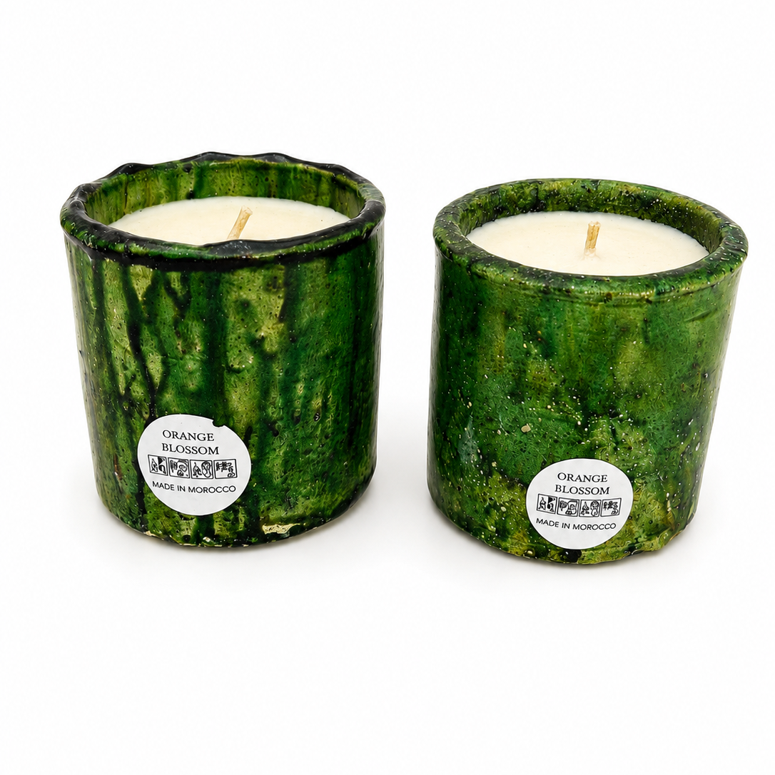 Two handmade green Tamegroute ceramic candles with orange blossom scented soy wax, handcrafted in Morocco.