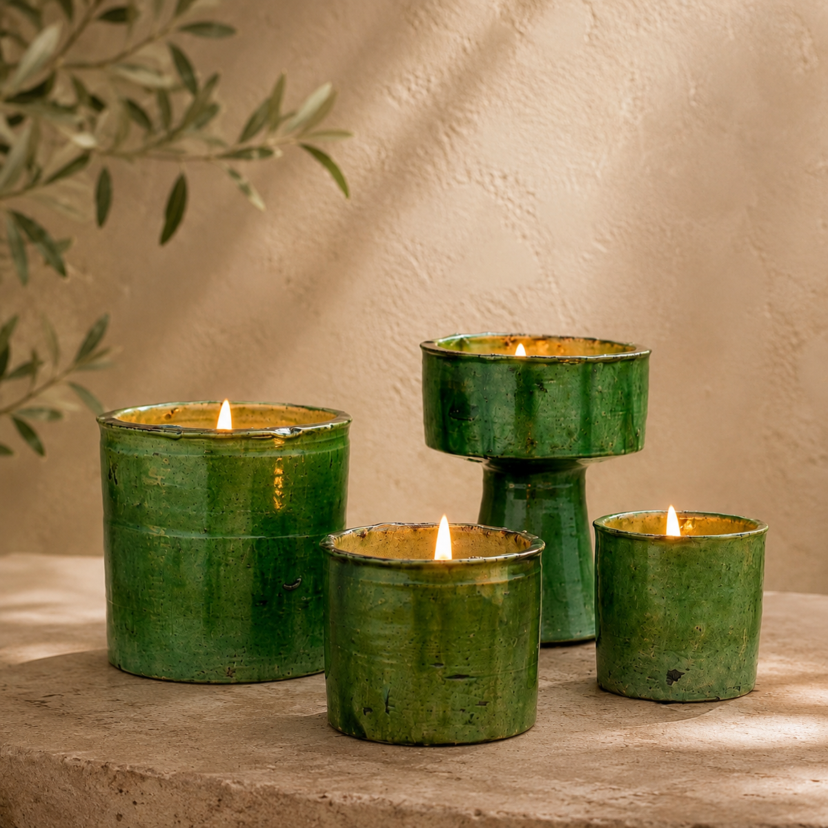 Set of 3 Tamegroute Ceramic Candle Vessels – Green Glaze
