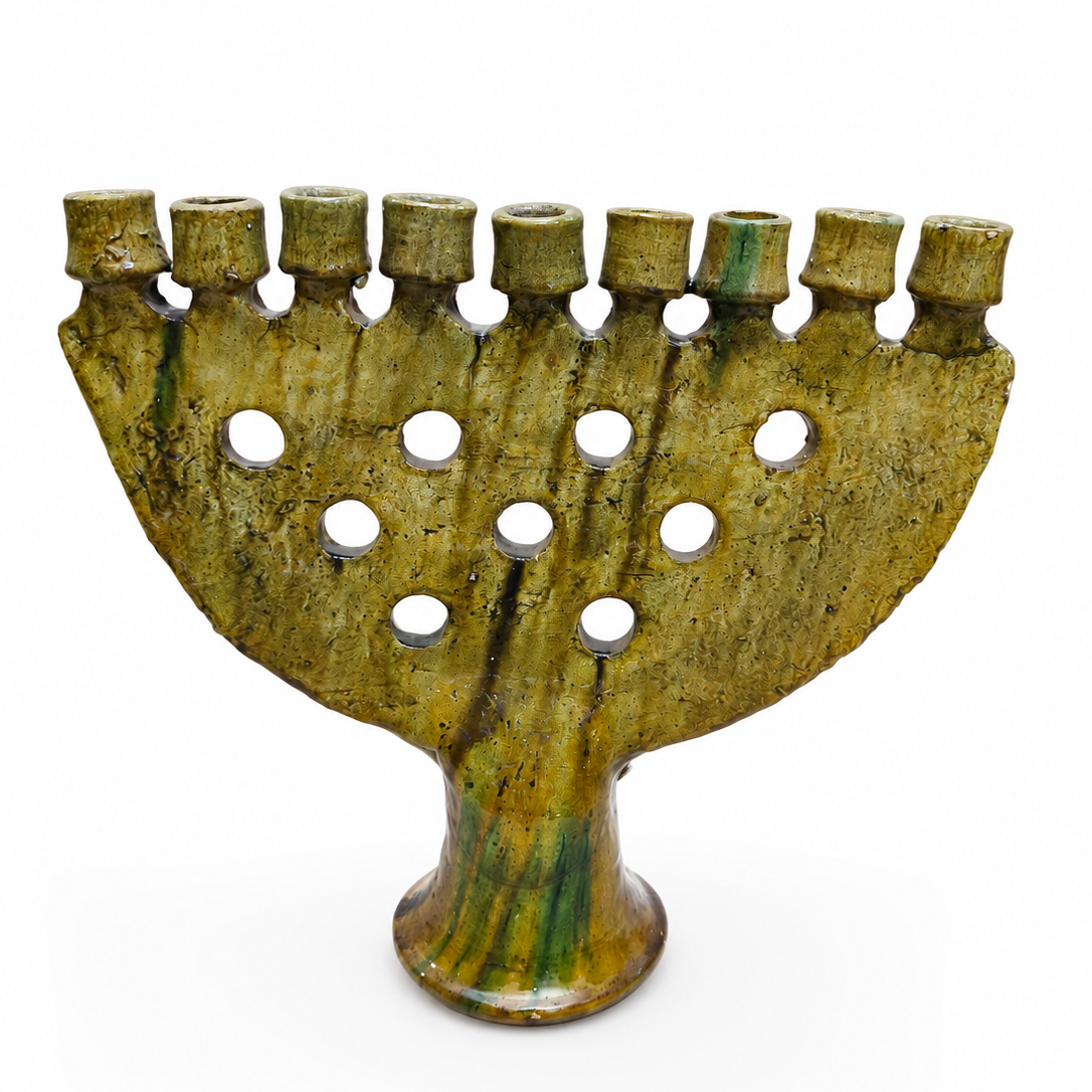 Handmade Tamegroute ceramic candle holder in green glaze from Morocco