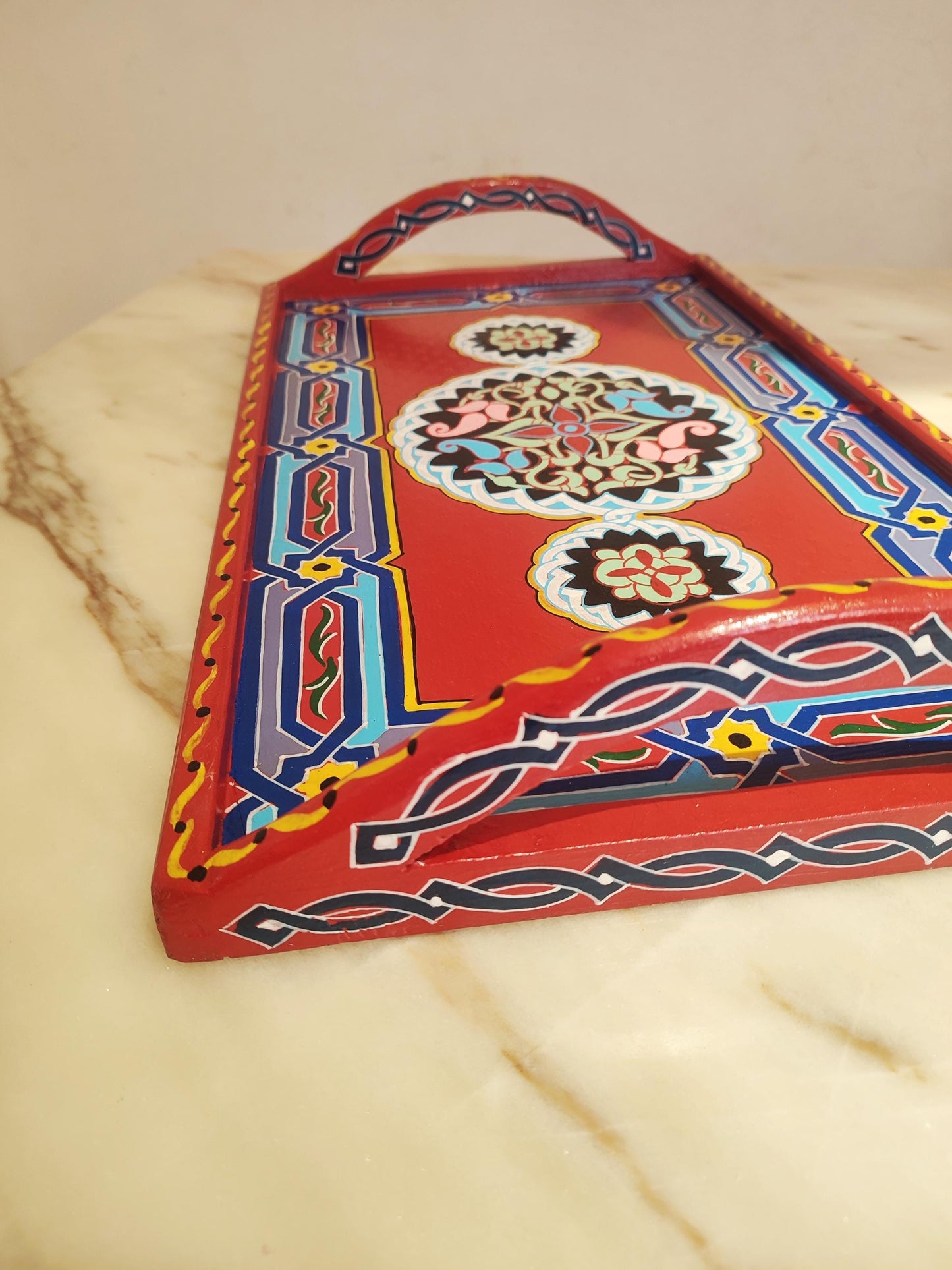 Hand-Painted Moroccan Wooden Serving Tray – Artisan Decorative Tea & Coffee Tray