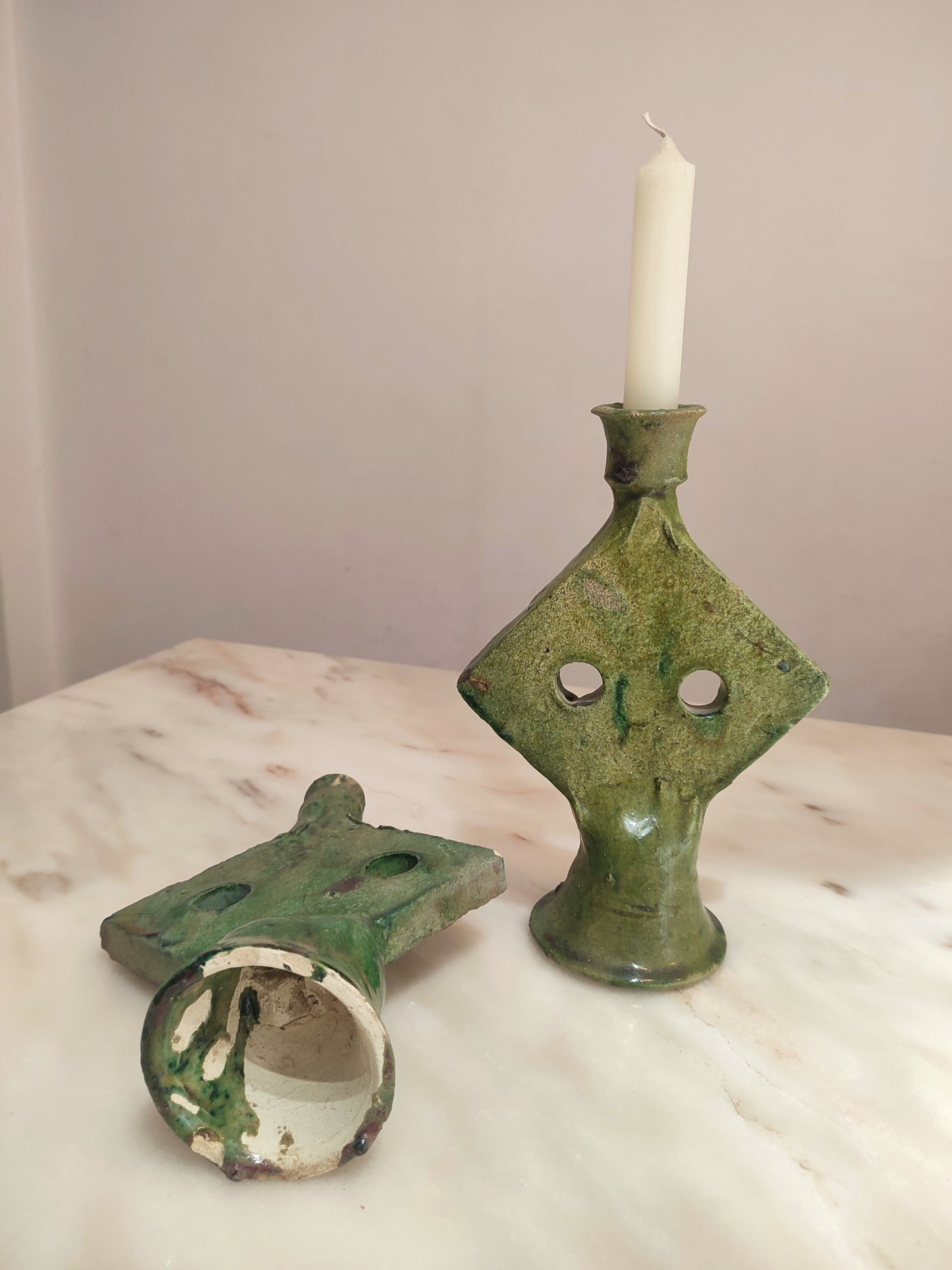 Moroccan Tamegroute Candle Holder – Vintage Green Ceramic Art