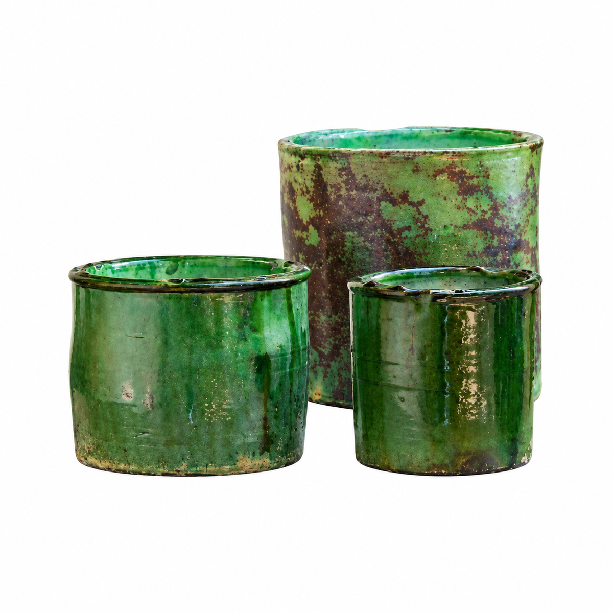 Set of 3 Tamegroute Ceramic Candle Vessels – Green Glaze