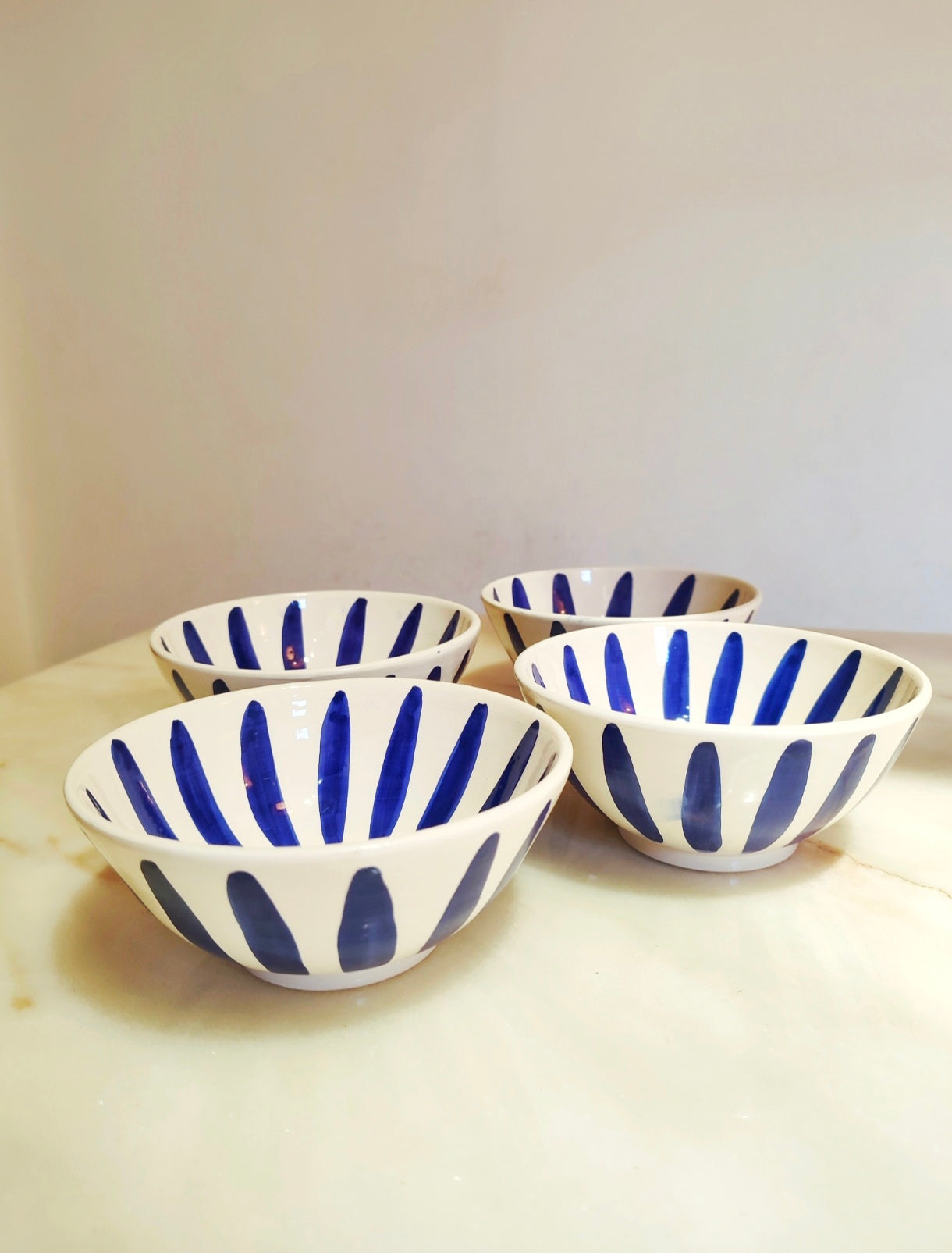 Set of 4 Handcrafted Tamegroute Pottery Bowls – White with Indigo Blue Stripes