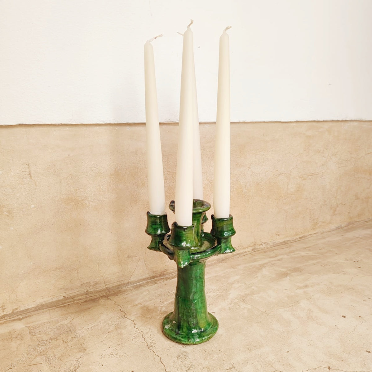 Handmade Tamegroute Green Ceramic Candlestick Holder – Authentic Moroccan Boho Decor