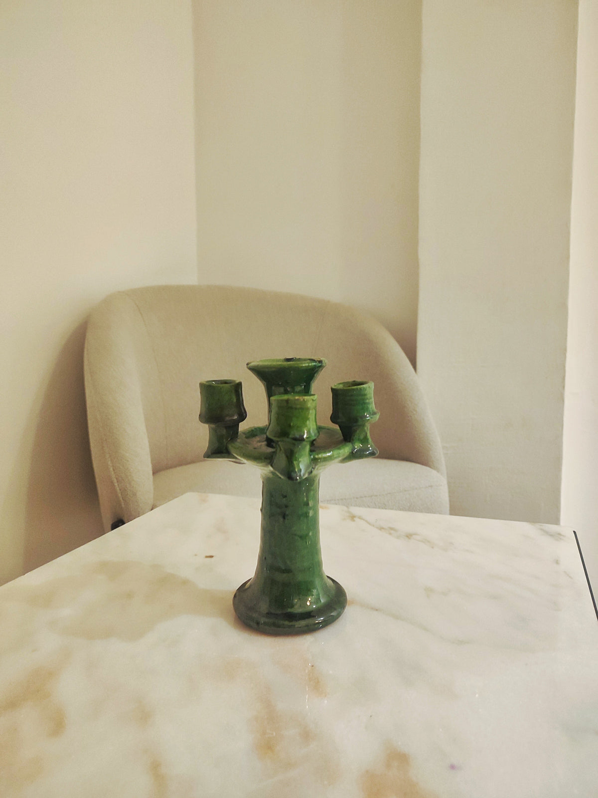 Handmade Tamegroute Green Ceramic Candlestick Holder – Authentic Moroccan Boho Decor