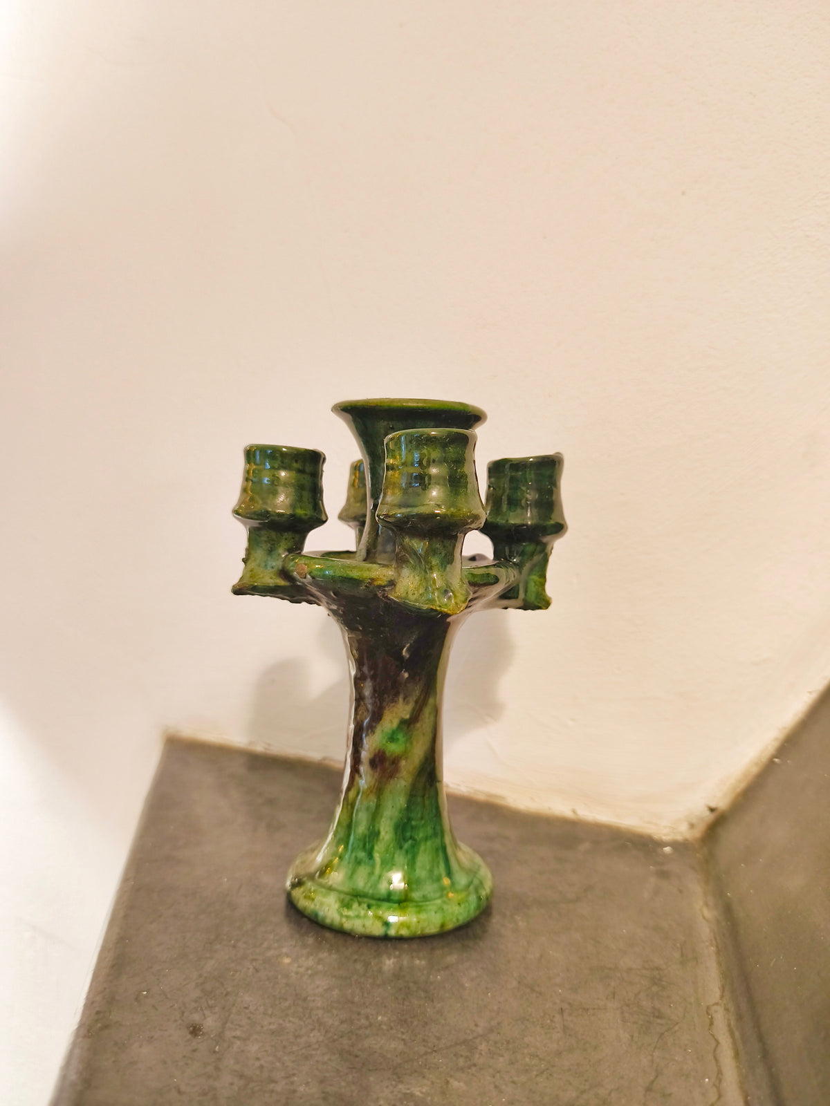 Handmade Tamegroute Green Ceramic Candlestick Holder – Authentic Moroccan Boho Decor