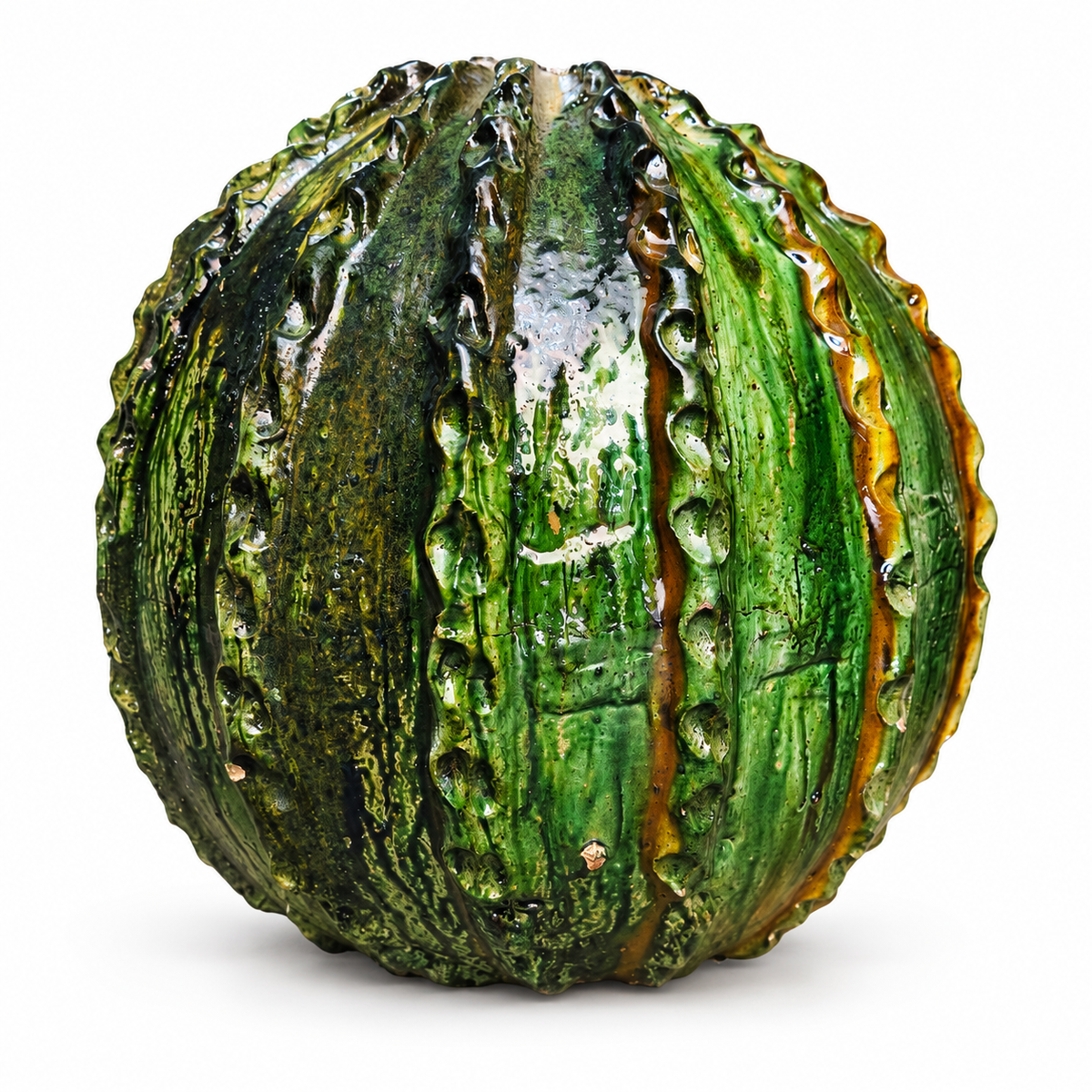 Green Tamegroute Pumpkin Sculpture – Handmade Moroccan Ceramic Art, 40-35 cm
