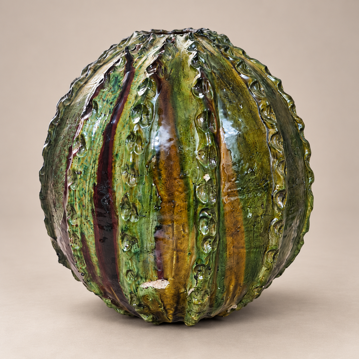 Green Tamegroute Pumpkin Sculpture – Handmade Moroccan Ceramic Art, 40-35 cm