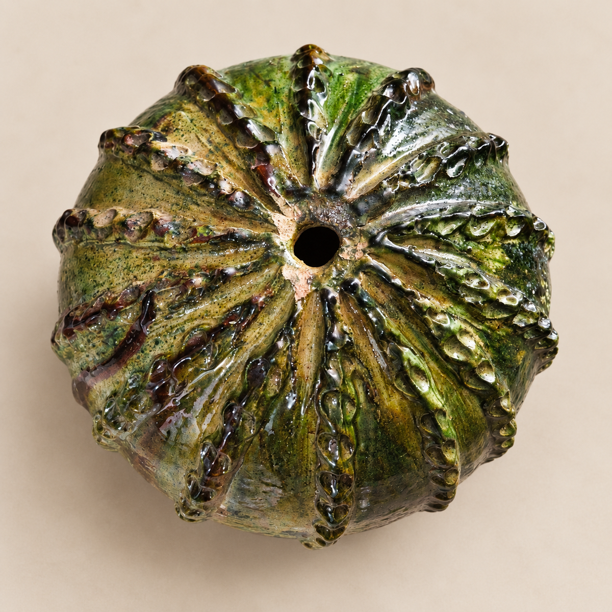 Green Tamegroute Pumpkin Sculpture – Handmade Moroccan Ceramic Art, 40-35 cm