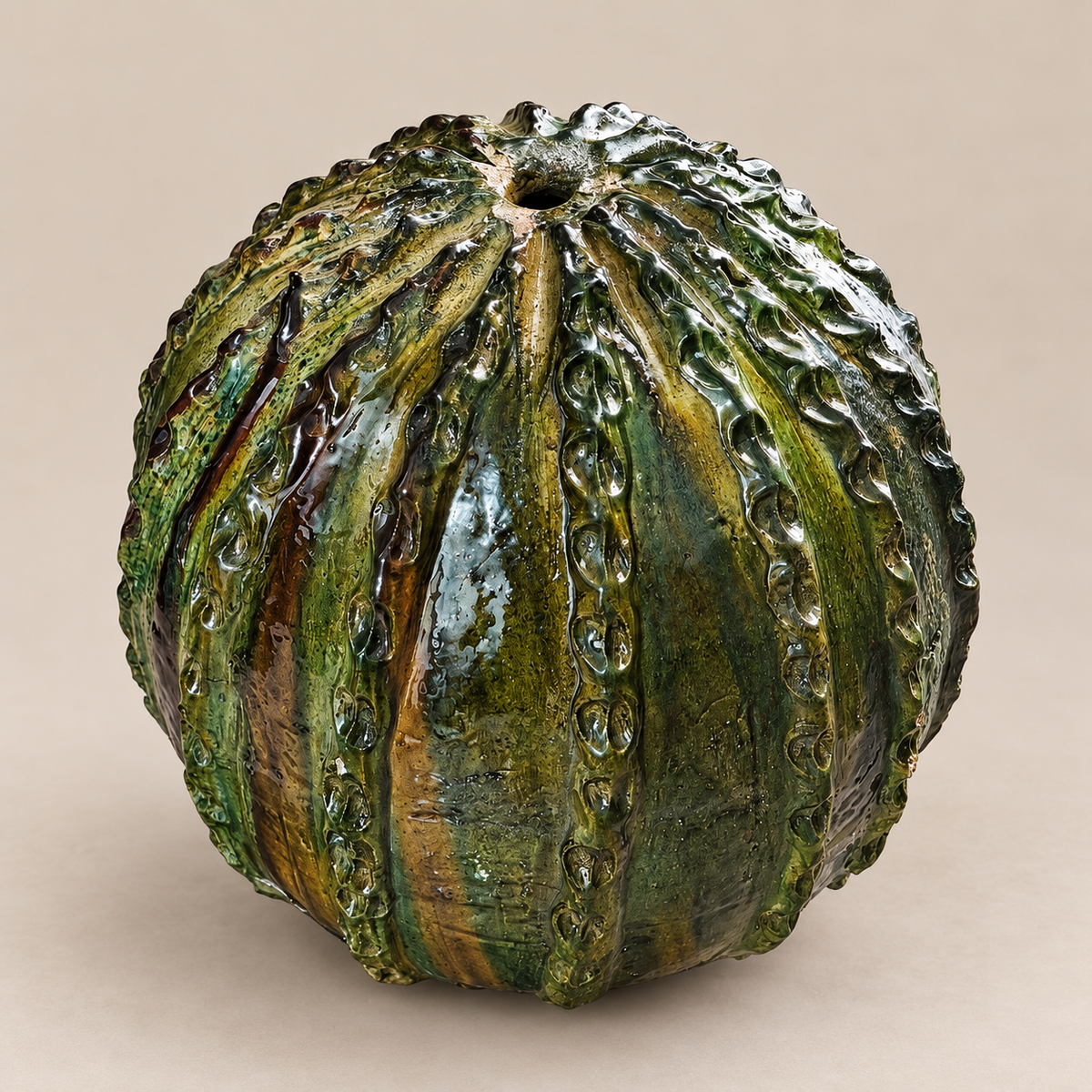 Green Tamegroute Pumpkin Sculpture – Handmade Moroccan Ceramic Art, 40-35 cm