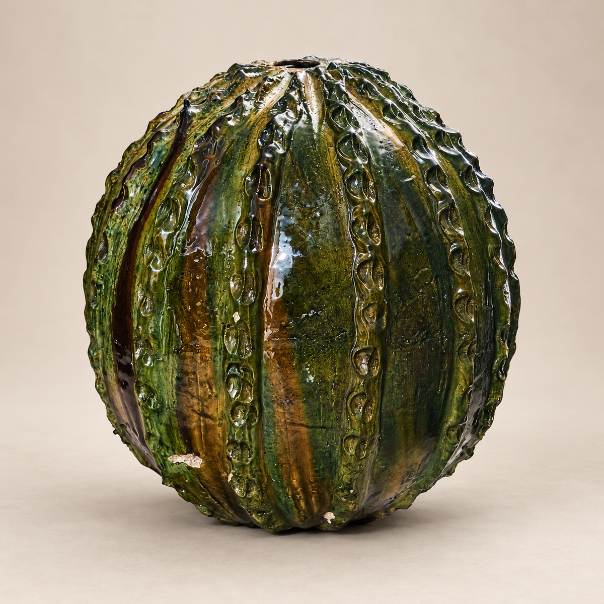 Green Tamegroute Pumpkin Sculpture – Handmade Moroccan Ceramic Art, 40-35 cm