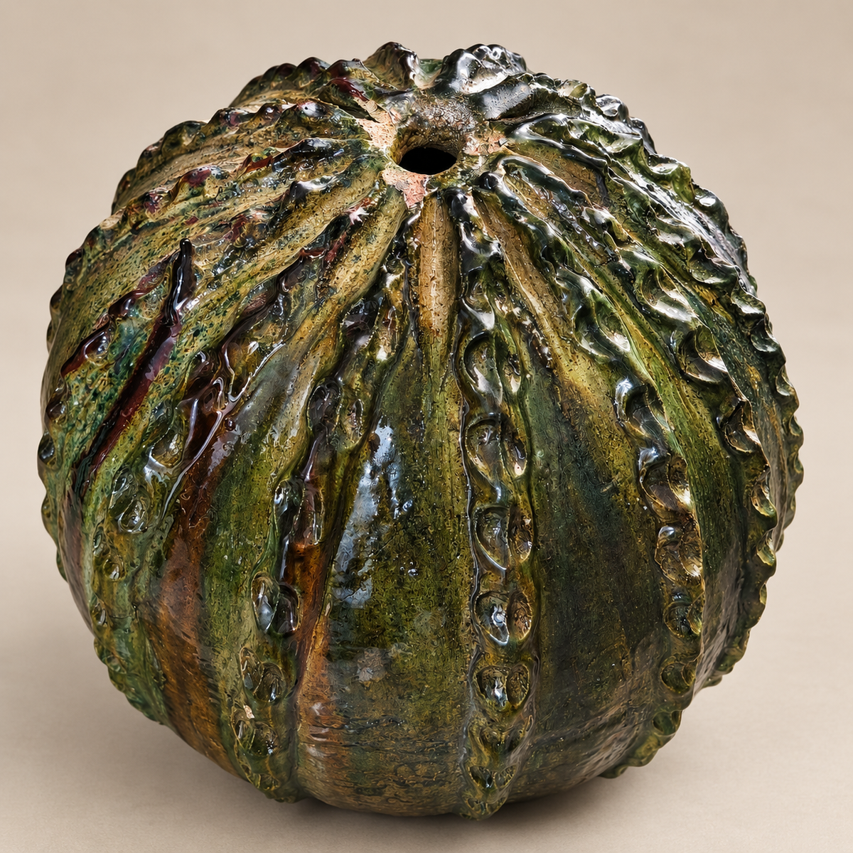 Green Tamegroute Pumpkin Sculpture – Handmade Moroccan Ceramic Art, 40-35 cm