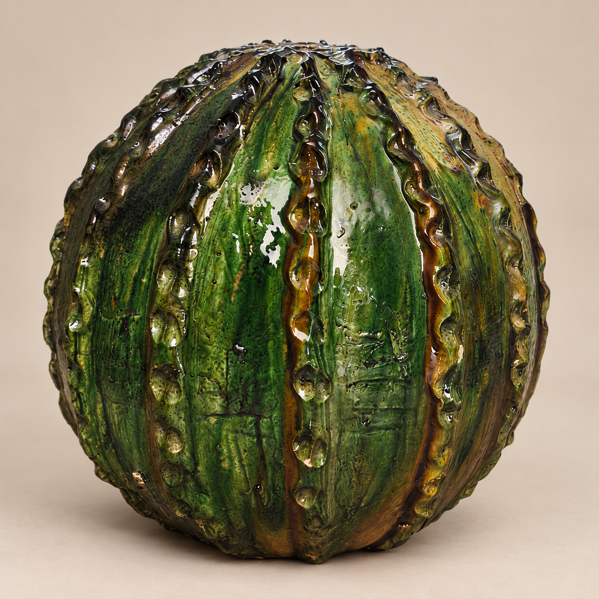 Green Tamegroute Pumpkin Sculpture – Handmade Moroccan Ceramic Art, 40-35 cm