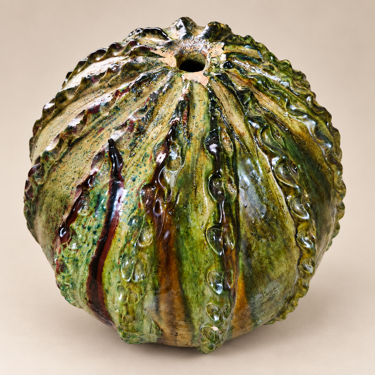 Green Tamegroute Pumpkin Sculpture – Handmade Moroccan Ceramic Art, 40-35 cm