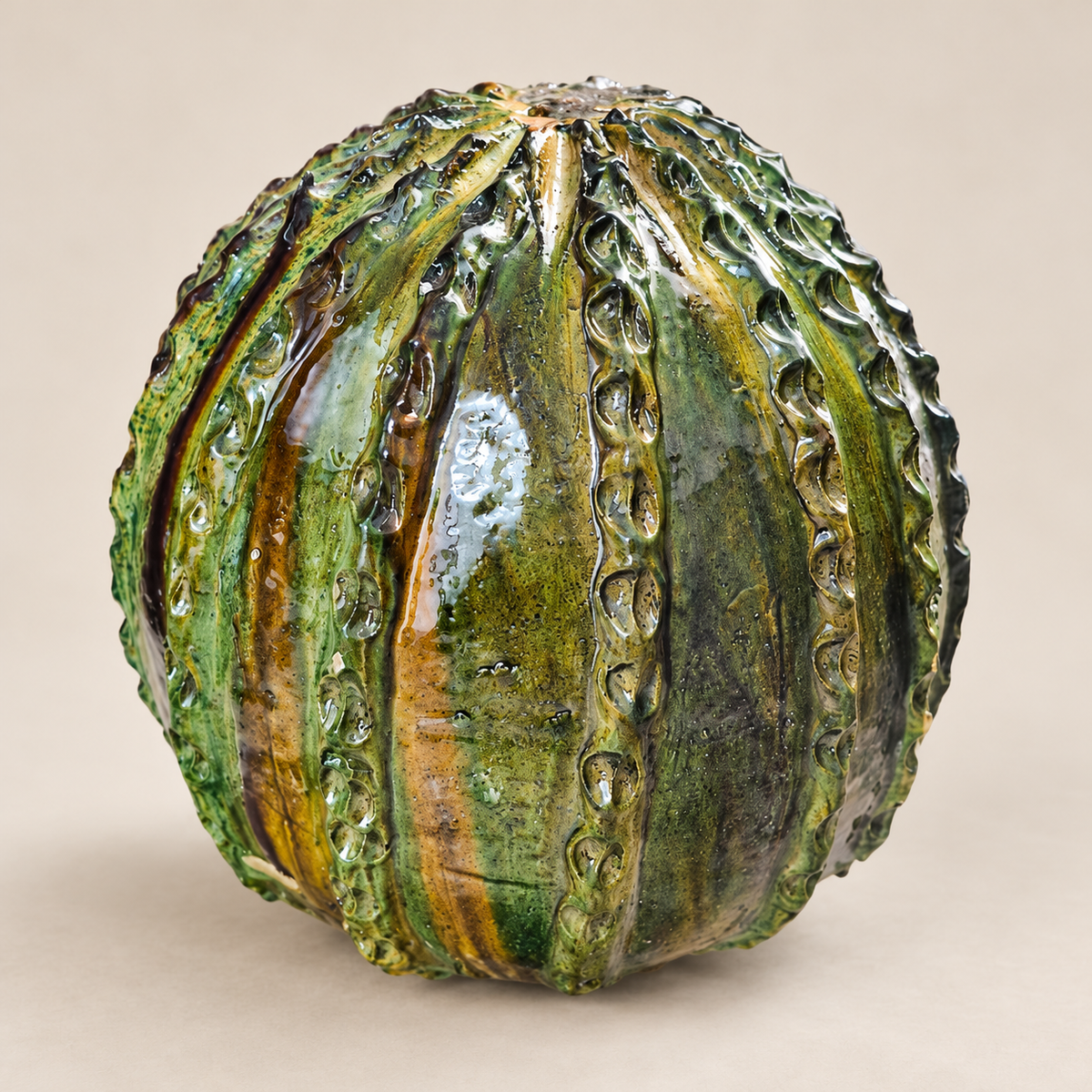 Green Tamegroute Pumpkin Sculpture – Handmade Moroccan Ceramic Art, 40-35 cm