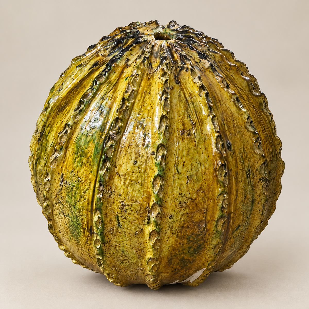 Ochre Tamegroute Pumpkin Sculpture – Handmade Moroccan Ceramic Art, 35 - 40 cm