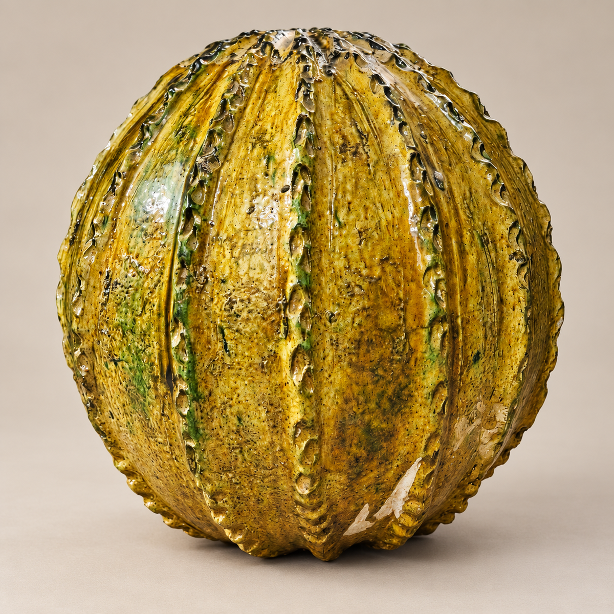 Ochre Tamegroute Pumpkin Sculpture – Handmade Moroccan Ceramic Art, 35 - 40 cm