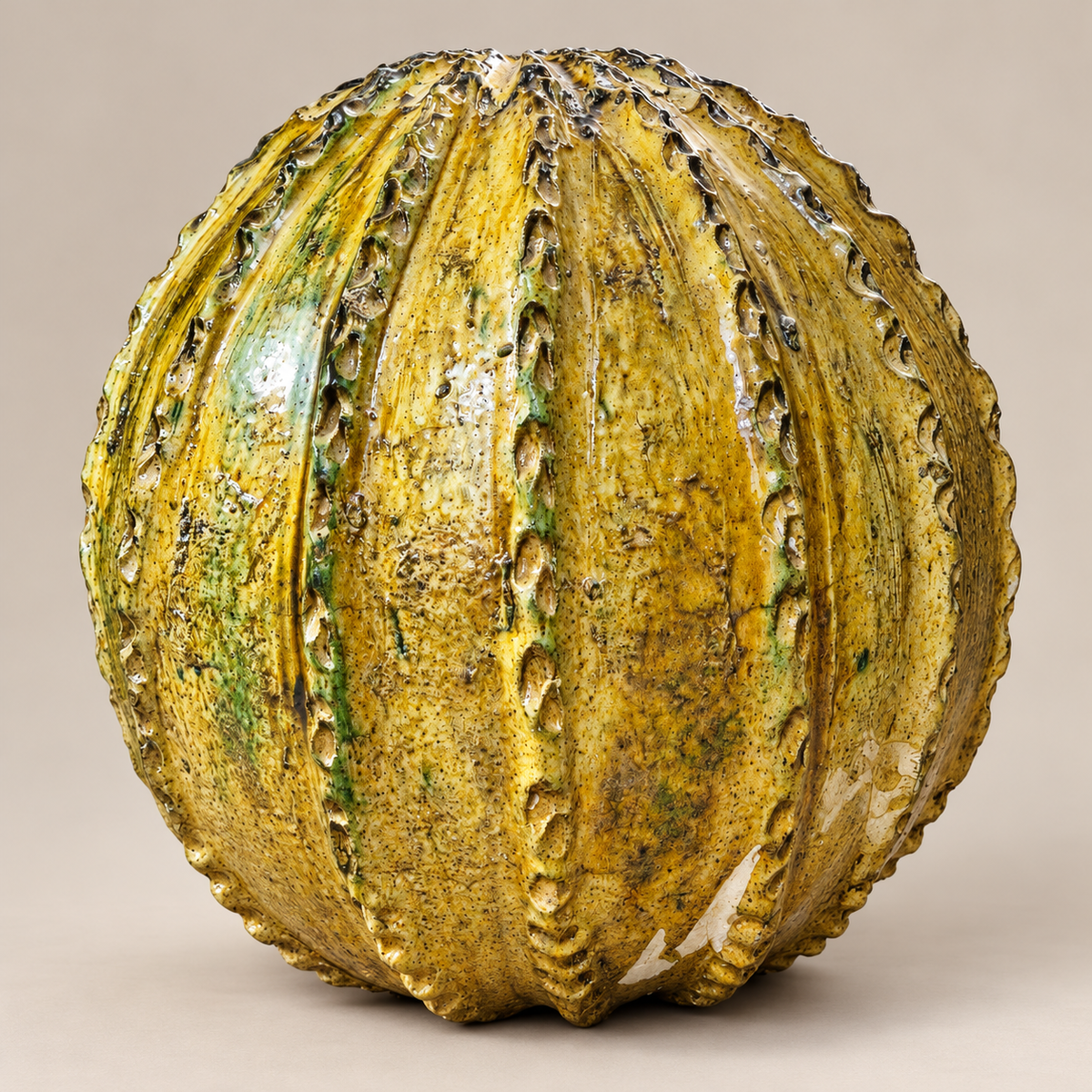 Ochre Tamegroute Pumpkin Sculpture – Handmade Moroccan Ceramic Art, 35 - 40 cm