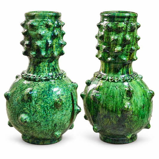 Vintage Tamegroute green ceramic vase with sculptural raised details