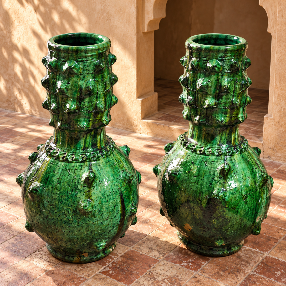 Vintage emerald green Tamegroute pottery vase with textured glaze