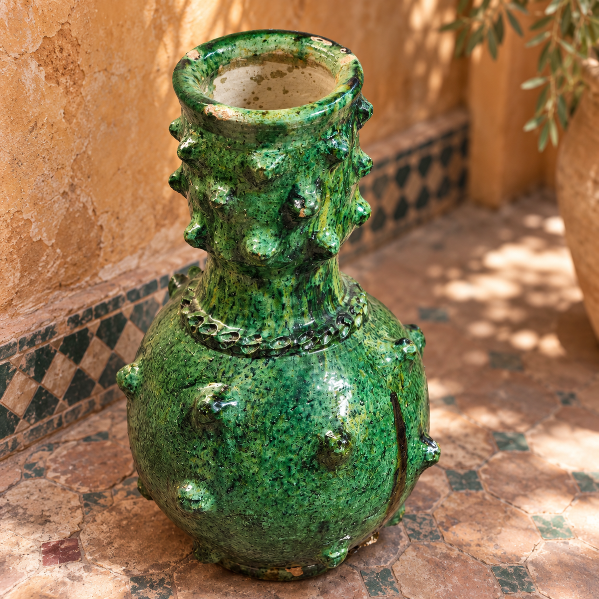 Side view of handmade vintage Moroccan Tamegroute pottery vase