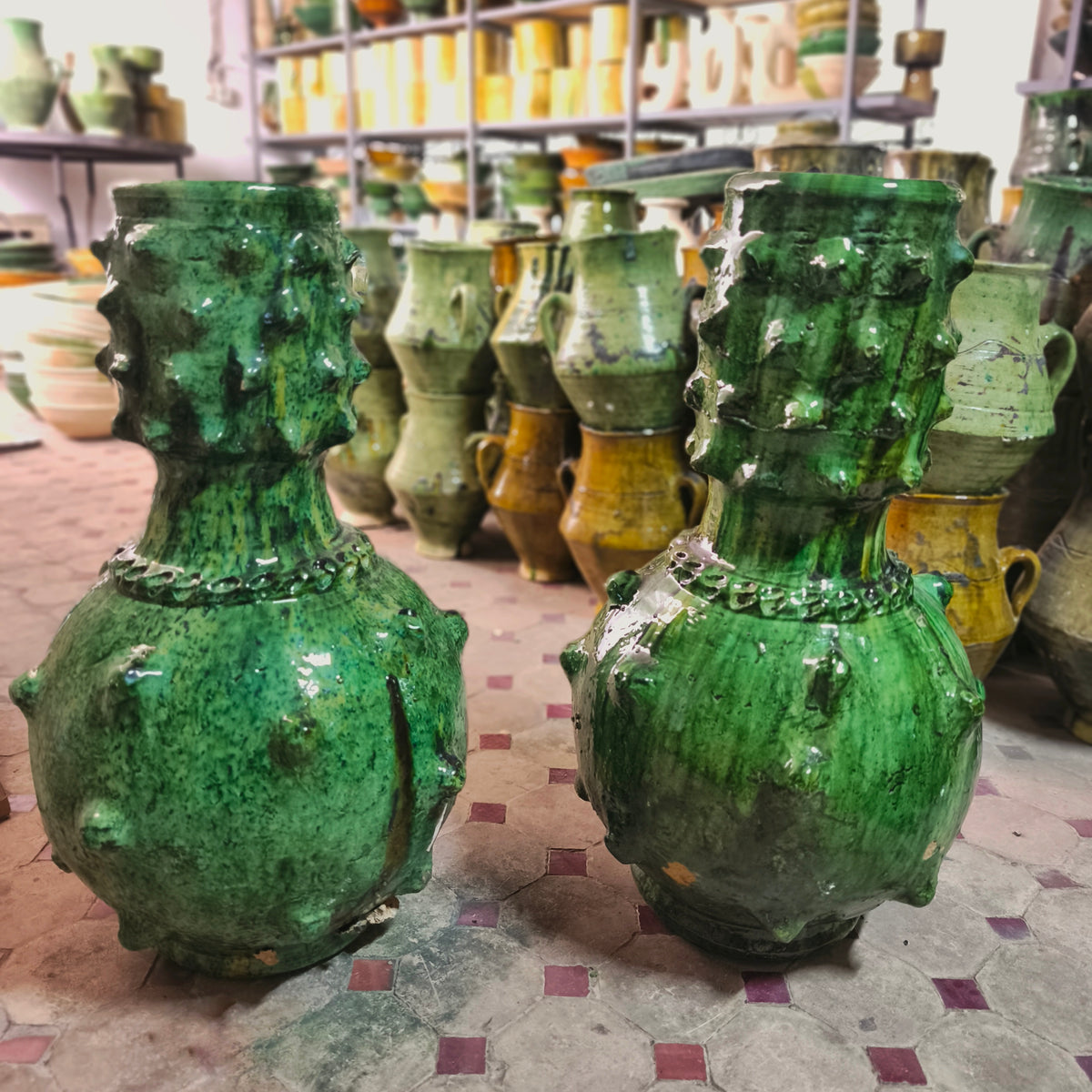 Vintage Tamegroute Green Pottery Vase – Handmade Moroccan Sculptural Ceramic