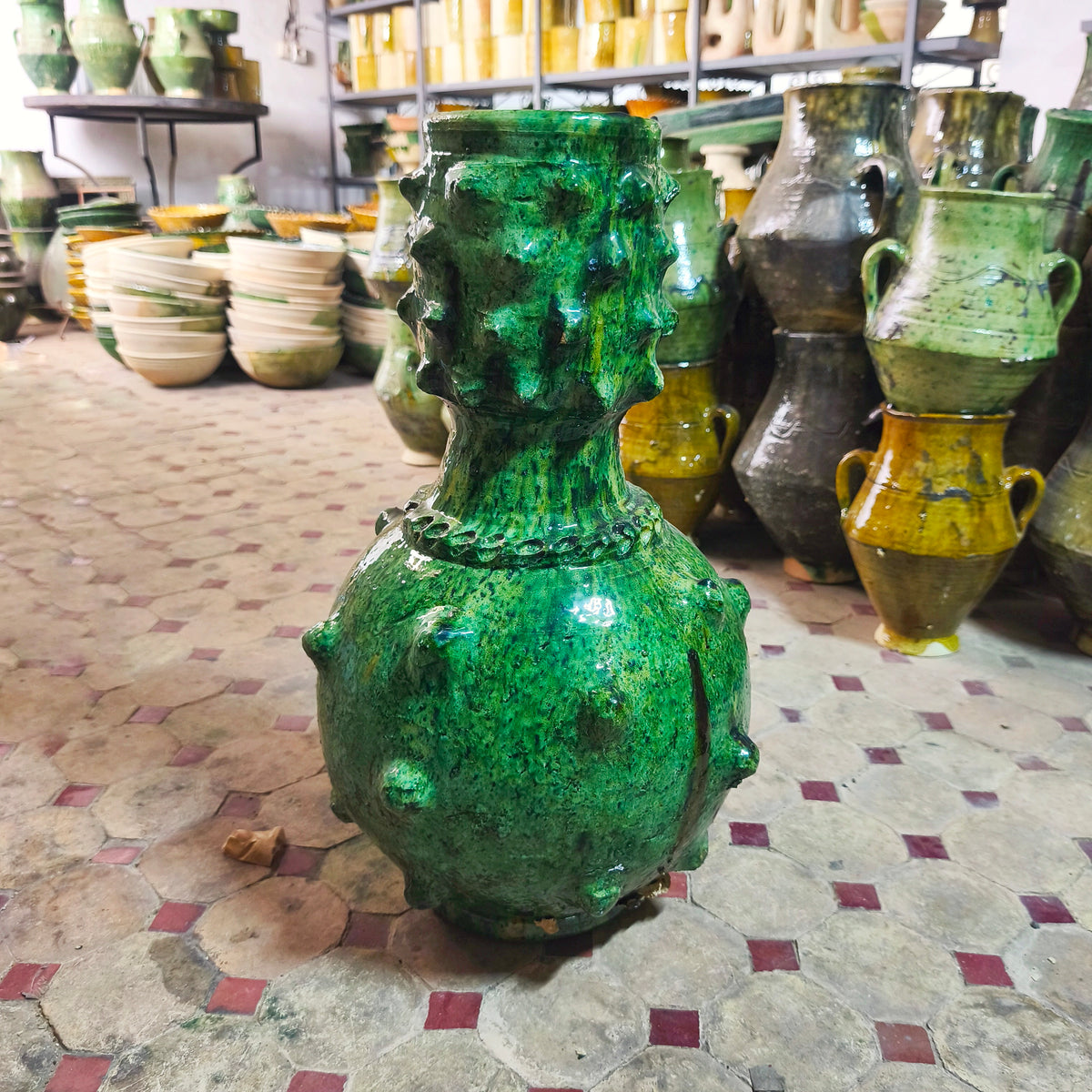 Vintage Tamegroute Green Pottery Vase – Handmade Moroccan Sculptural Ceramic