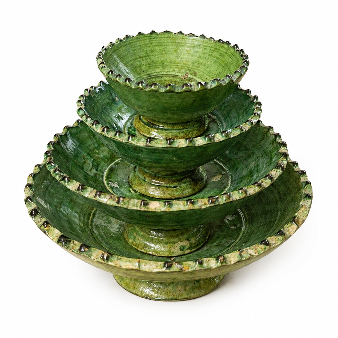 Set of 4 Moroccan Green Tamegroute Pedestal Bowls – Handmade Green Glazed Ceramic Nesting Bowls