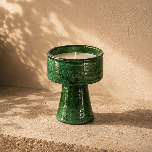 Authentic handmade Tamegroute pottery candle with traditional emerald green glaze from Morocco