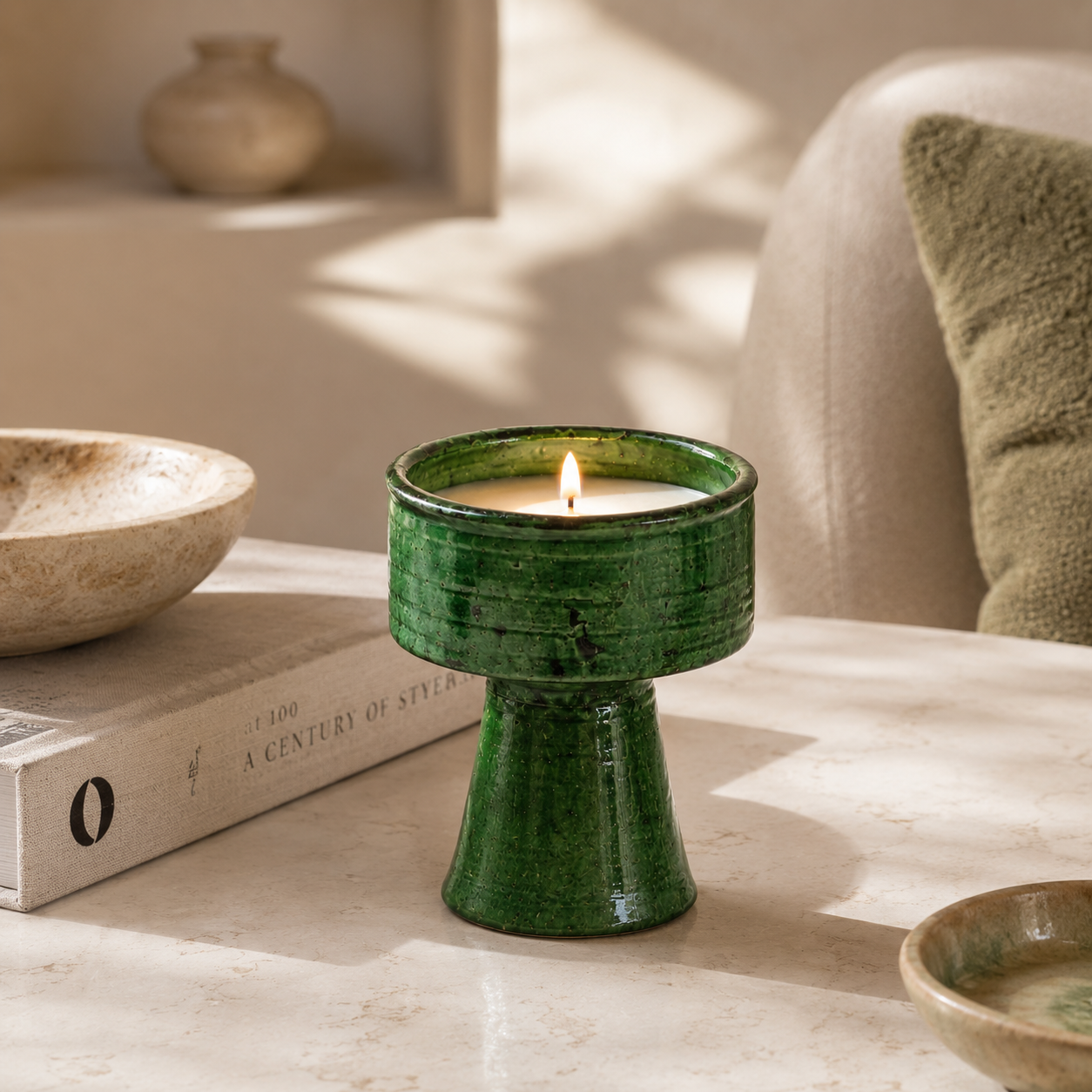 Green handmade Moroccan Tamegroute ceramic candle isolated on white background