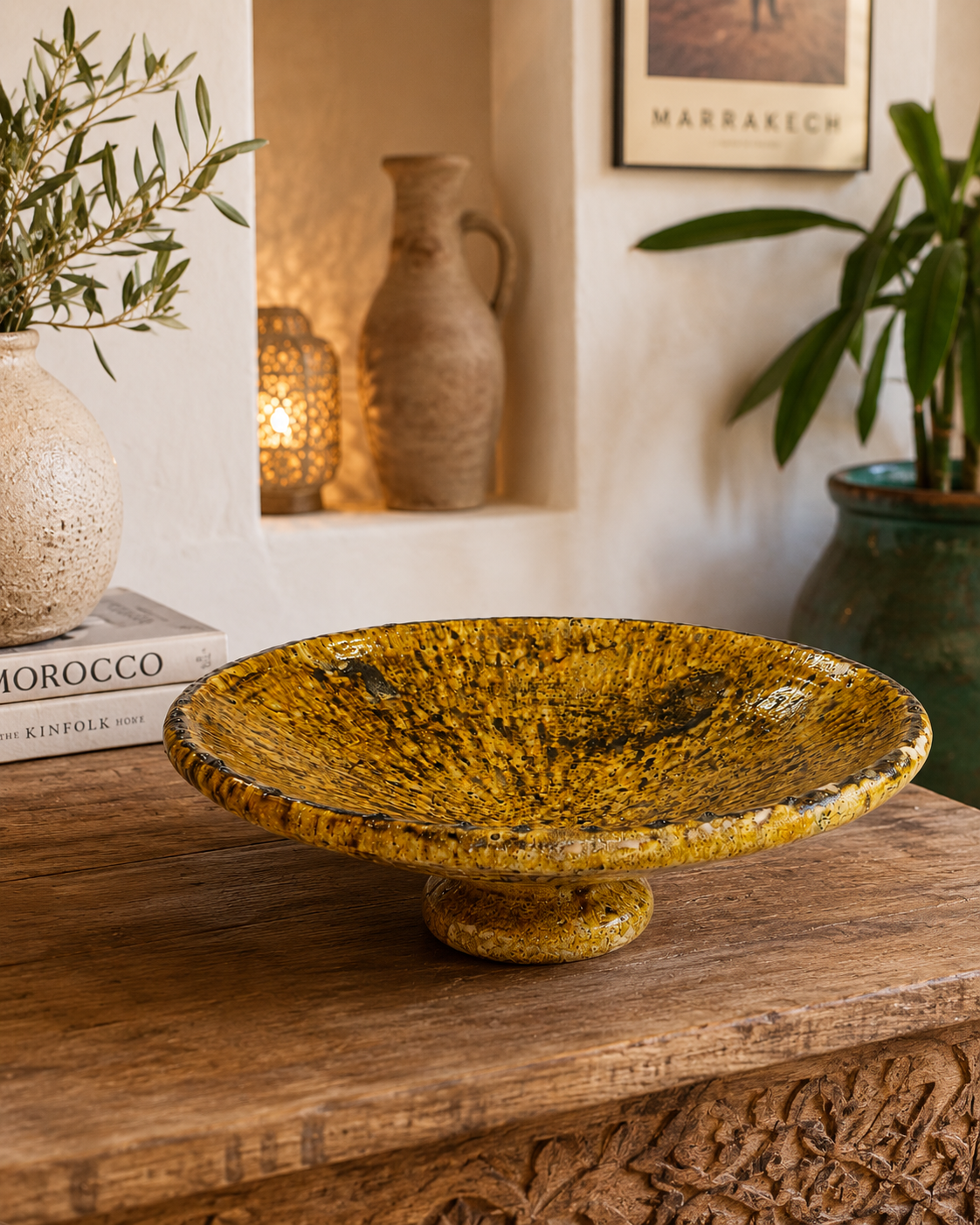 Authentic handmade Tamegroute footed ceramic plate 50 cm from Morocco with traditional green glaze.