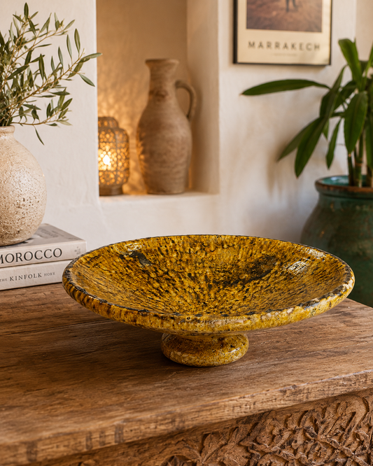 Authentic handmade Tamegroute footed ceramic plate 50 cm from Morocco with traditional green glaze.