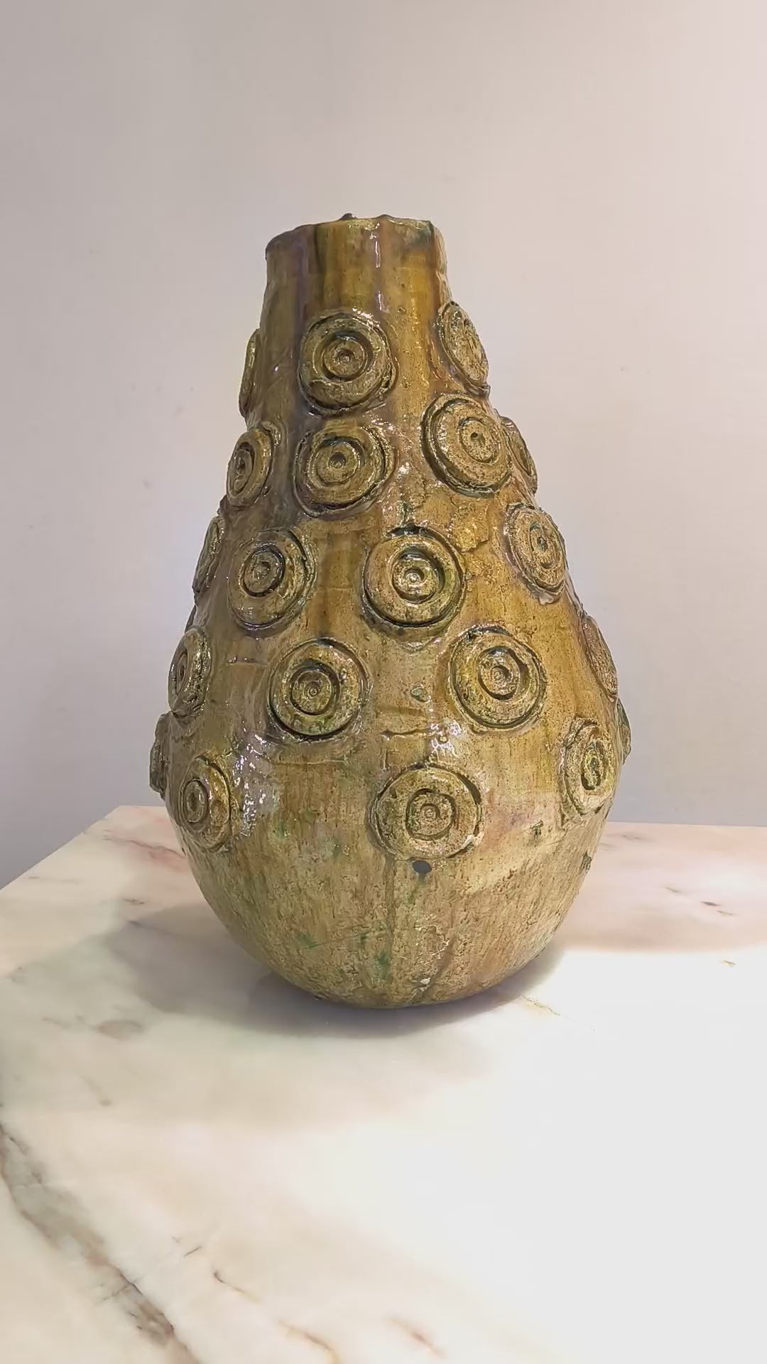 Handmade Golden Tamegroute Vase – Moroccan Ceramic with Spiral Pattern