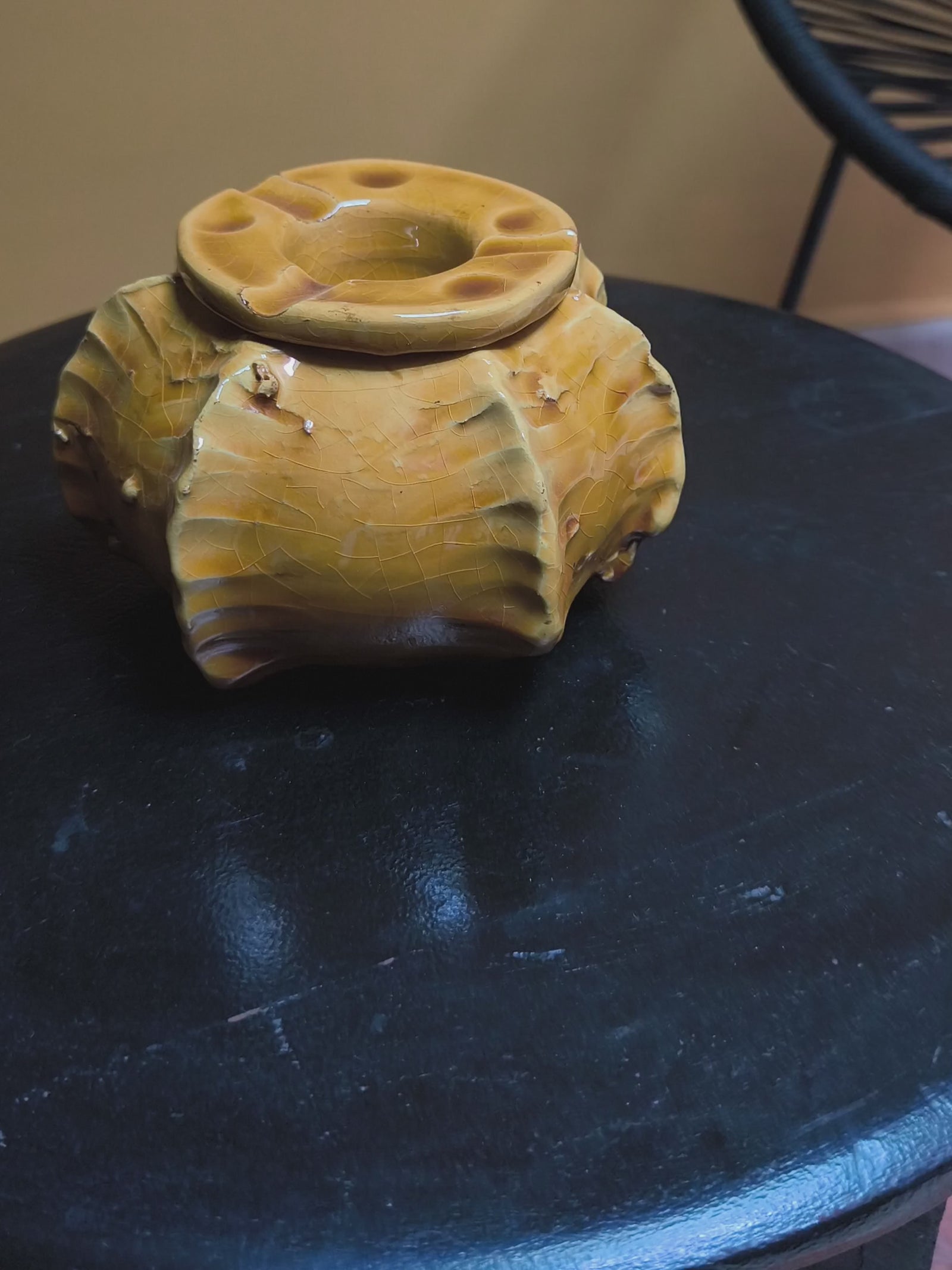 Tamegroute ochre Glazed  Ashtray, Tamegroute Cactus pottery Ashtray – Moroccan Pottery
