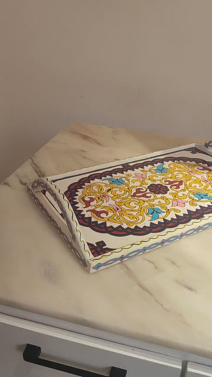 Hand-Painted Moroccan Wooden Serving Tray – Artisan Decorative Tea & Coffee Tray