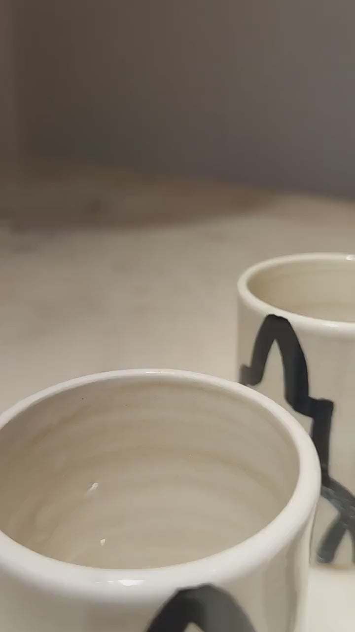 Handmade Moroccan Ceramic Cups Set of 4 – Black & White Pottery Tumblers from Fez