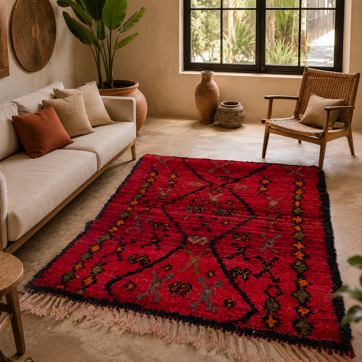 Red Moroccan Berber Wool Rug – Handwoven Diamond Pattern 185 × 116 cm