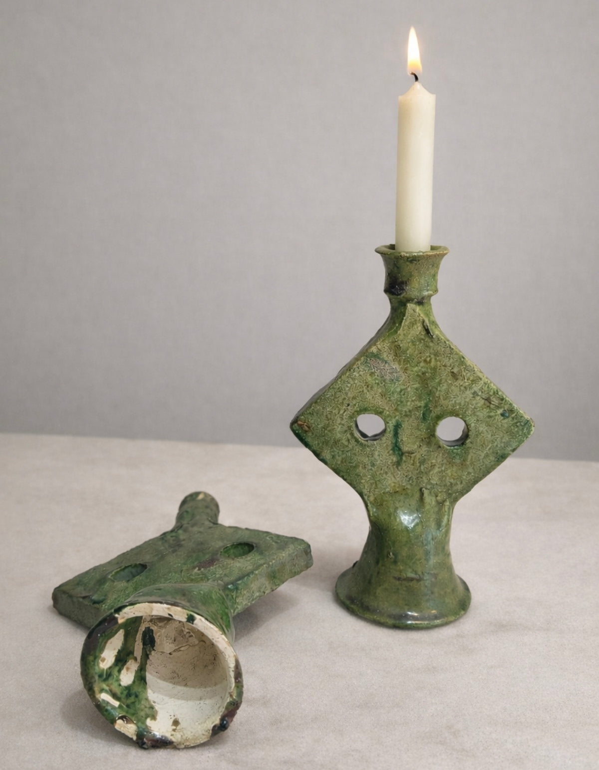 Handmade Tamegroute Green Ceramic Candle Holder – Vintage Moroccan Boho Decor