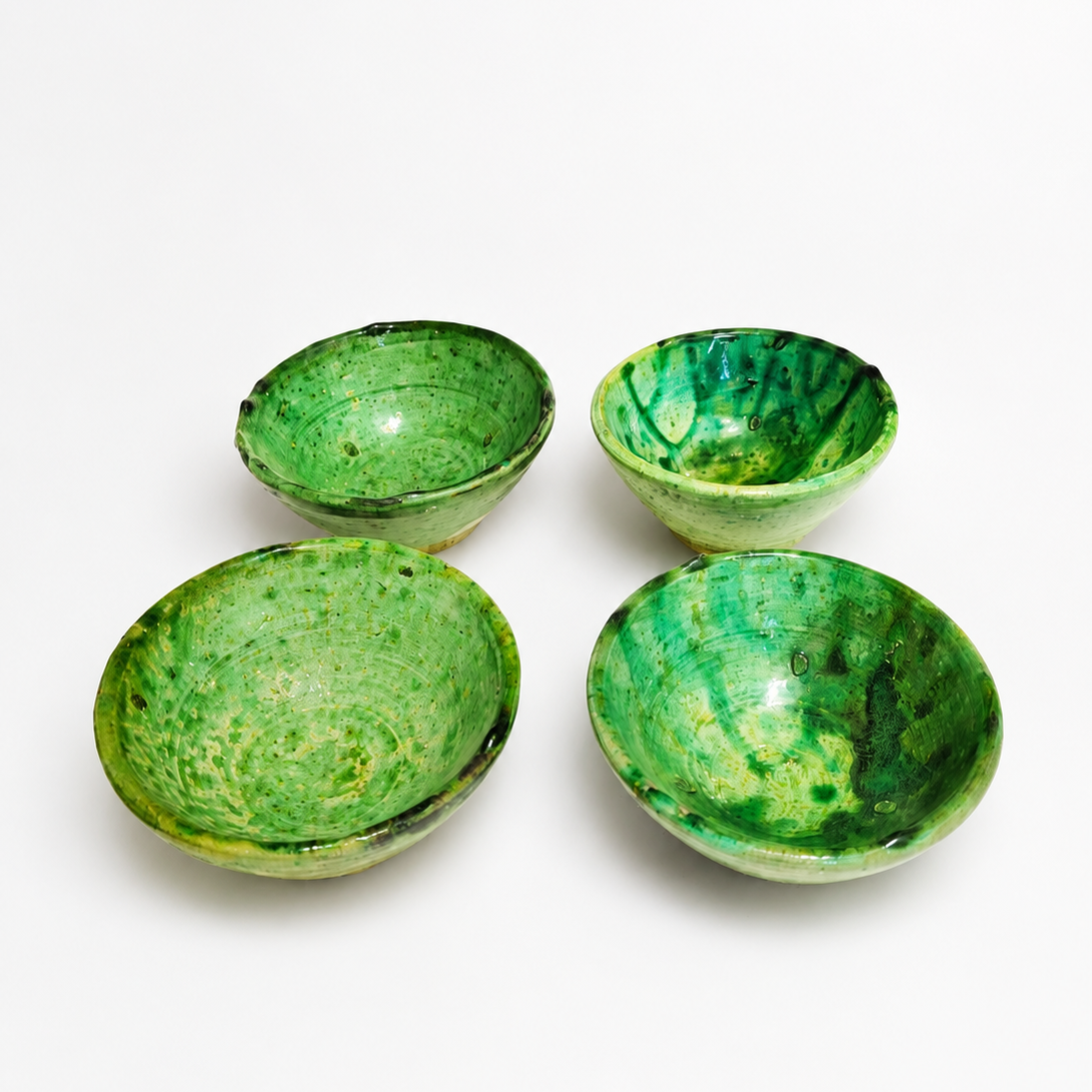 Set of 4 Green Tamegroute Pottery Bowls – Handmade Moroccan Ceramic Serving Bowls