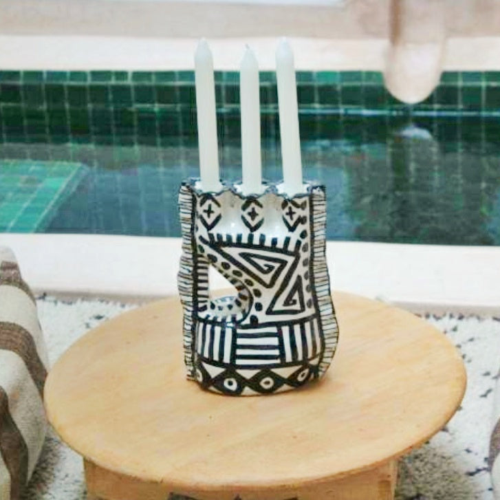 Handmade Moroccan Tribal Ceramic Candle Holder – Black & White Boho Pottery