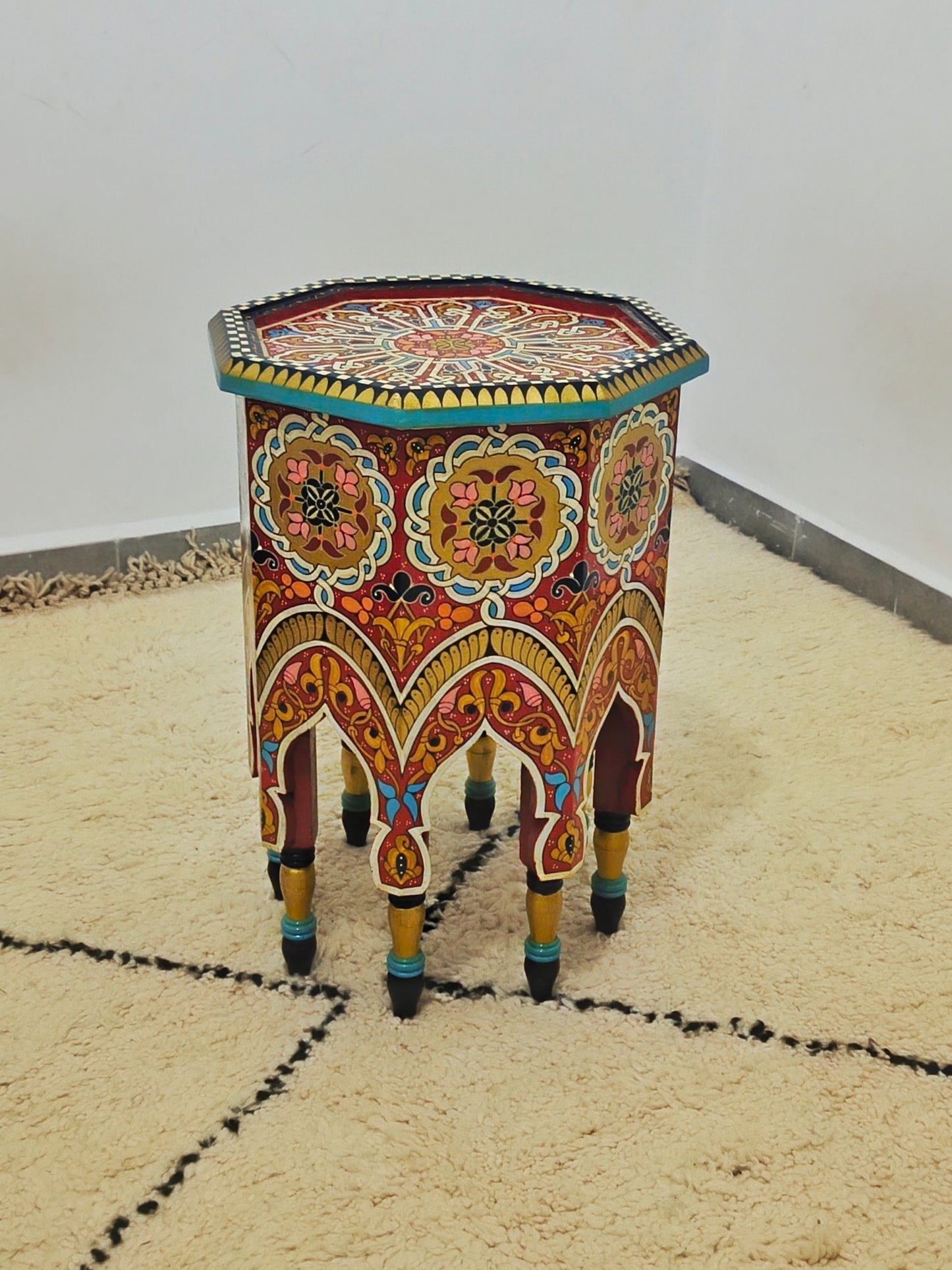Hand-Painted Moroccan Wooden Side Table – 70 cm, Traditional Moorish Design, Marrakech Décor Accent