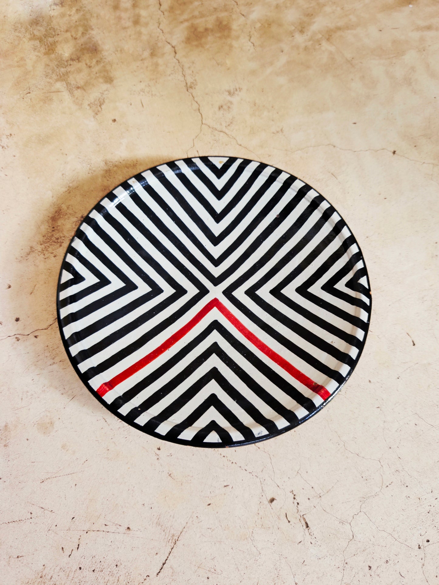 Set of 2 x Modern Moroccan Ceramic Plate, Hand-Painted Black & White with Red Lines [20cm & 25 cm] -Tamegroute Pottery