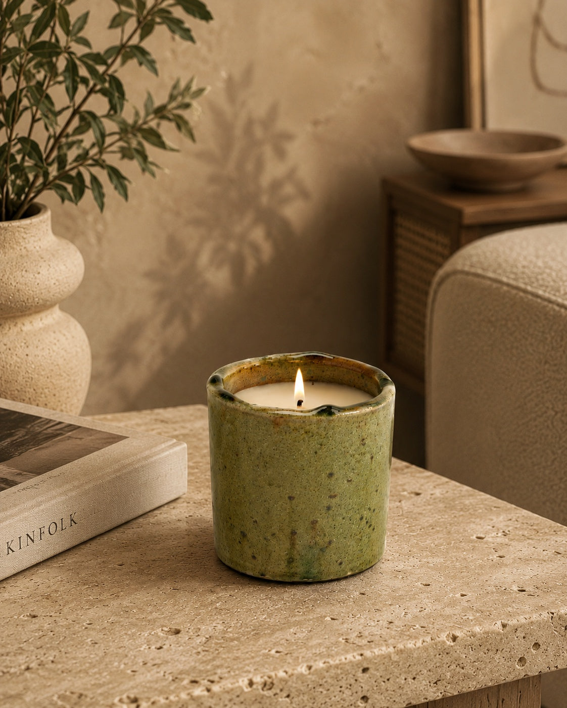 Authentic Tamegroute Ochre Candle Holder – Small Moroccan Ceramic Decor 7 × 9 cm