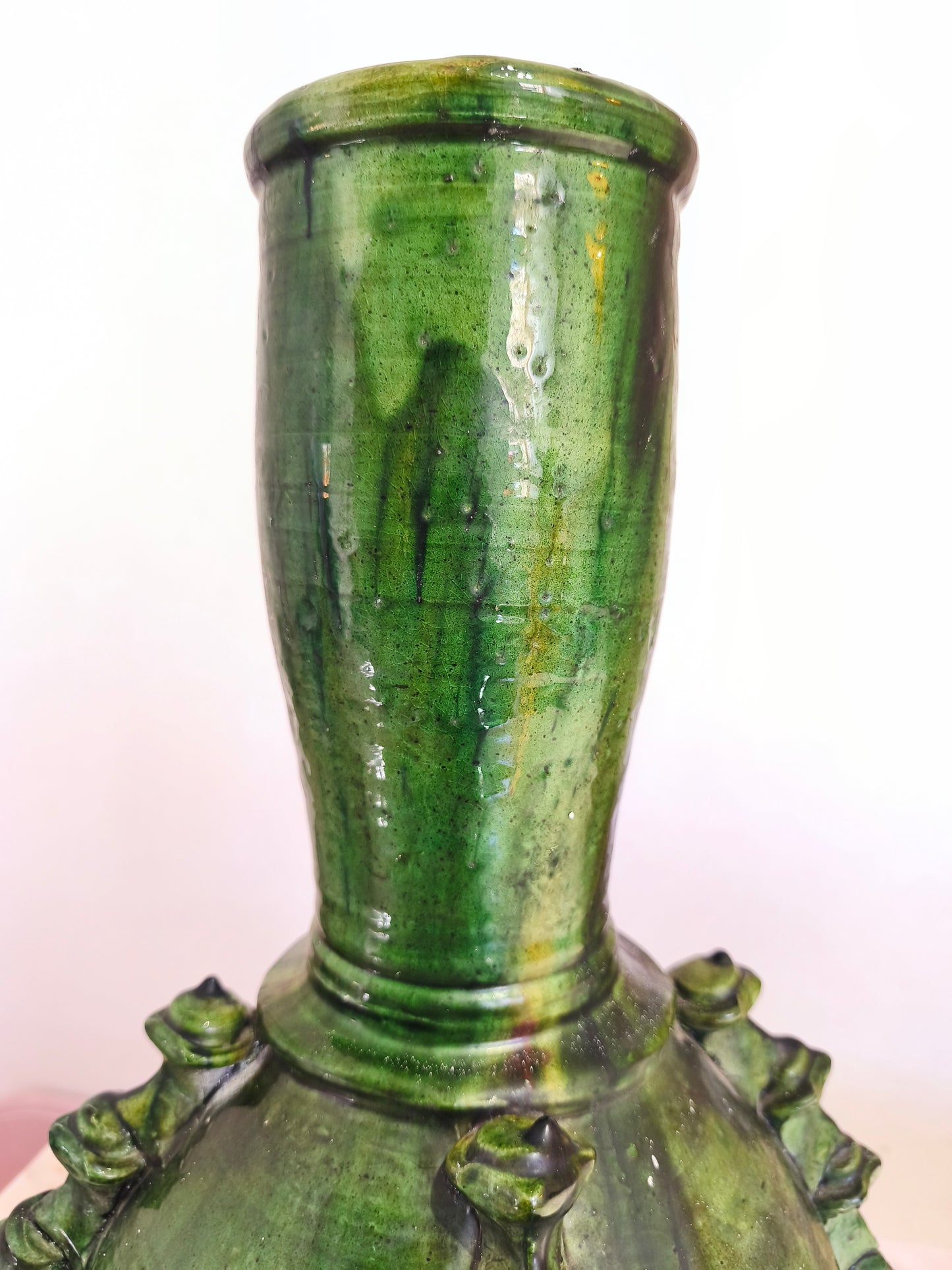 Tall Handmade Tamegroute Green Vase – Sculptural Moroccan Pottery Statement Piece