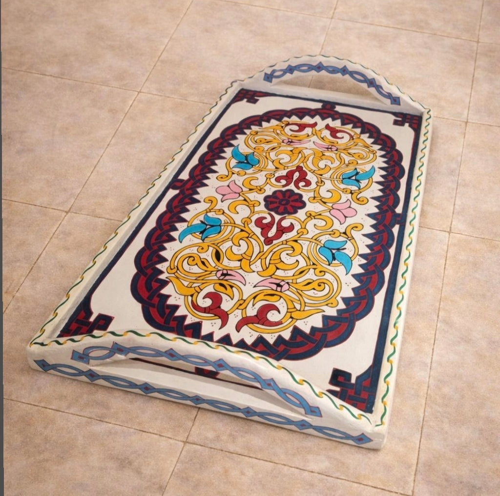 Hand-Painted Moroccan Wooden Serving Tray – Artisan Decorative Tea & Coffee Tray