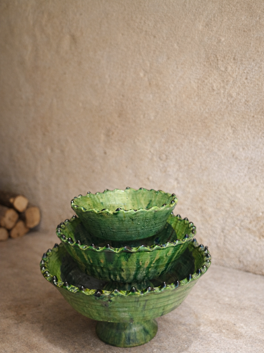 A set of 3 size Handmade Moroccan Ceramics Footed Bowls, Green Tamegroute bowls.