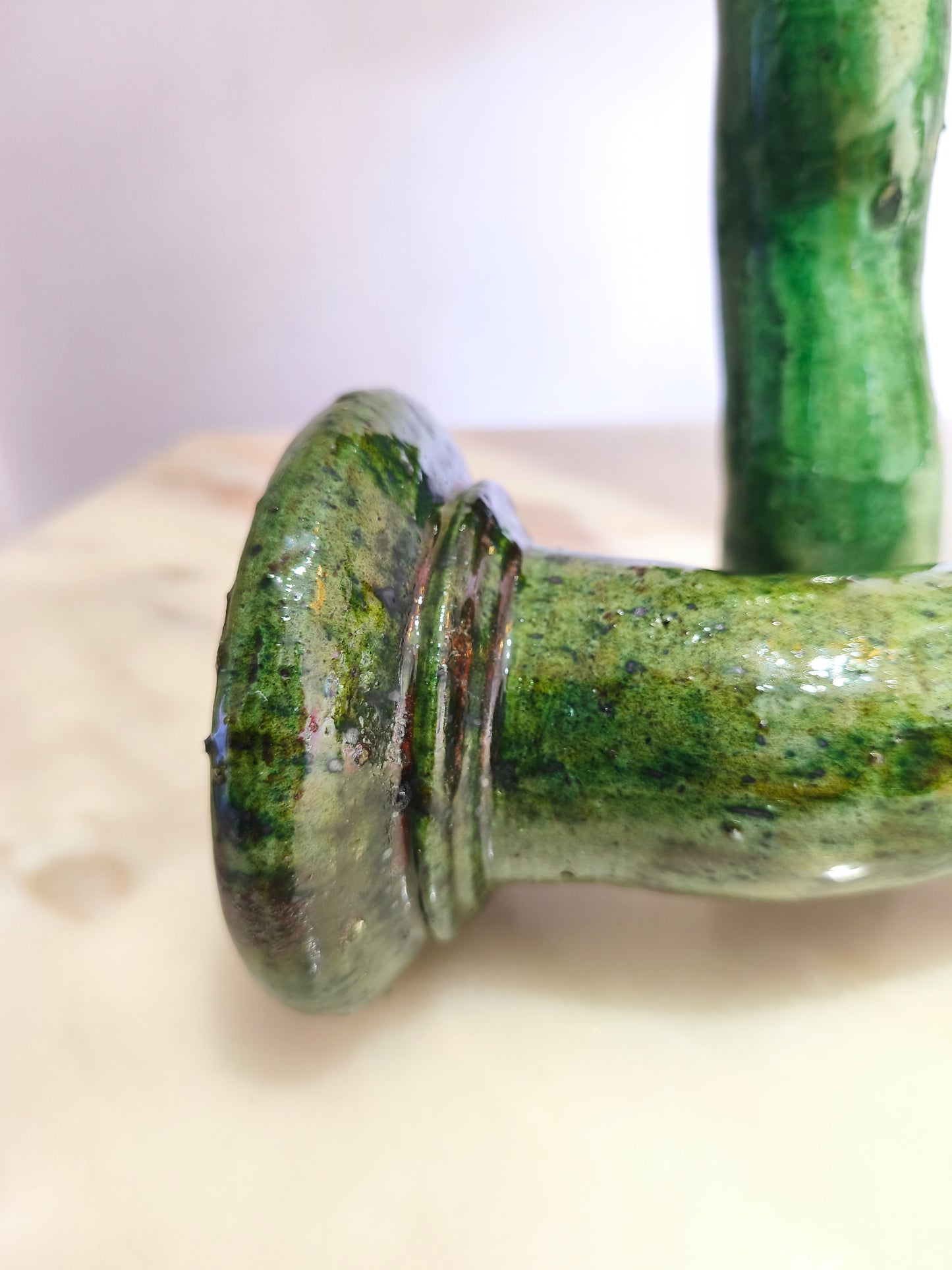 Rustic Moroccan ceramic candle holder in emerald green, hand-thrown pottery”